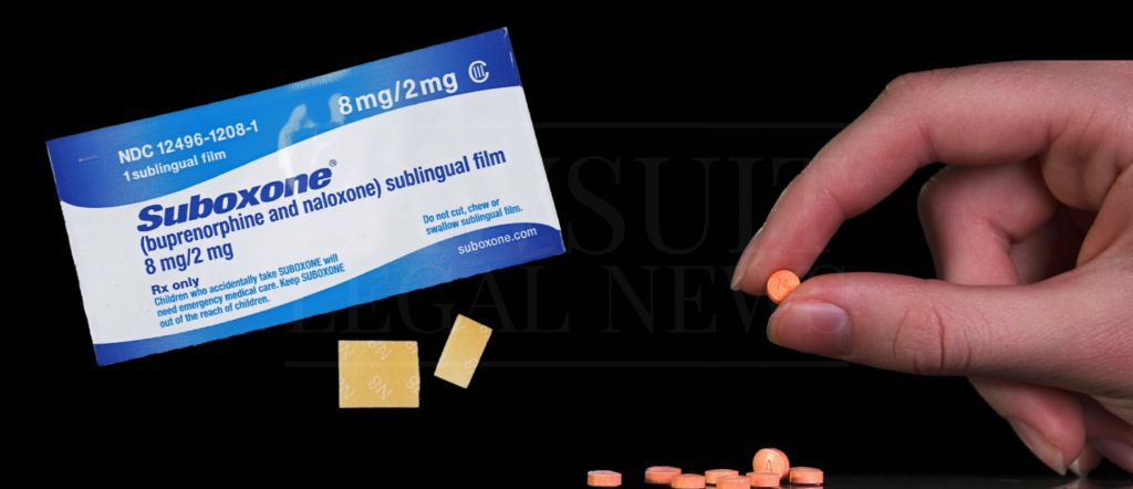 Suboxone film strip next to its packaging and a hand holding a Suboxone tablet for comparison, everything is over a black background