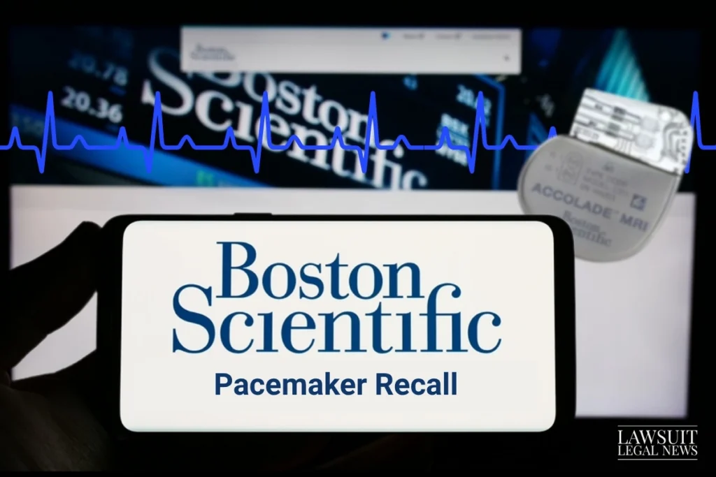 Person holding a cell phone with the Boston Scientific logo on it and the words pacemaker recall. The phone is surrounded by images of pacemakers and EKG lines.